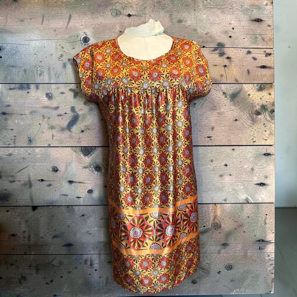 Renee C Orange Floral Medallion Satin Shift Mini Dress Women Boho Sz S